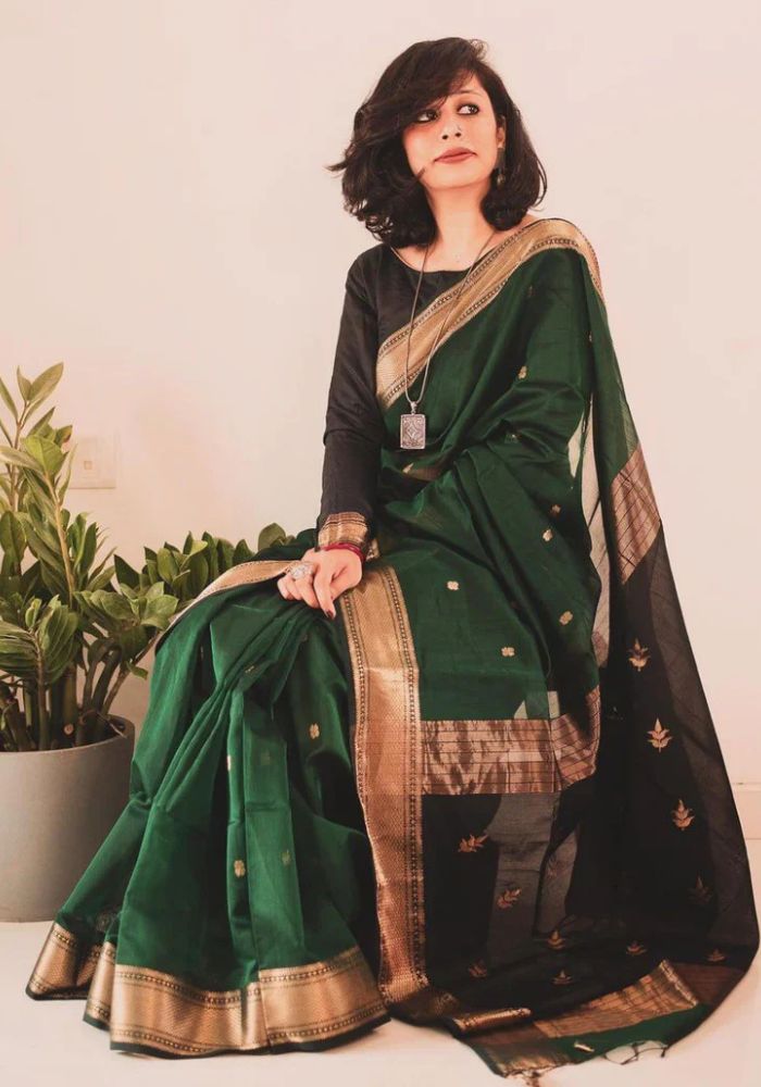 Elegant Dark Green Banarasi Satin Silk Saree with Golden Zari Woven Border