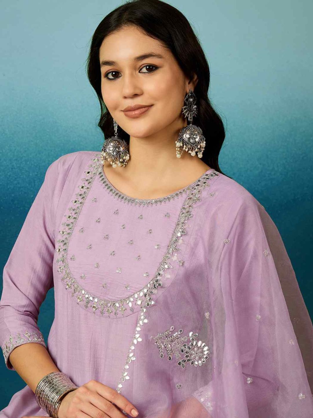 Women Lavender Sequins Embroidered Silk Blend Anarkali Gown Set with Organza Dupatta