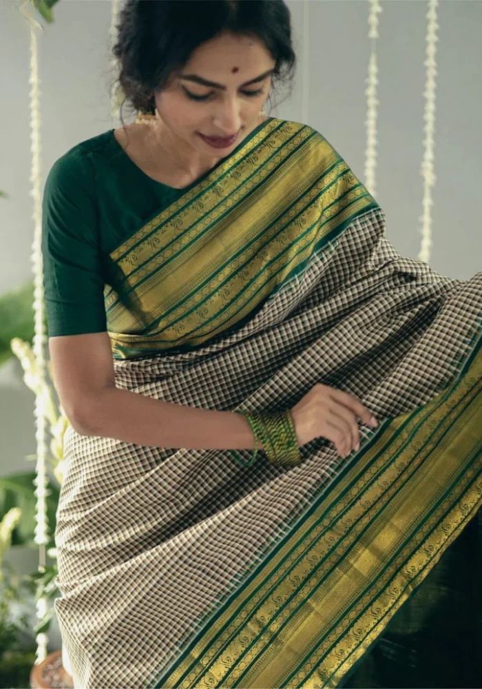 Classic Dark Green Banarasi Satin Silk Saree with Golden Zari Woven Border