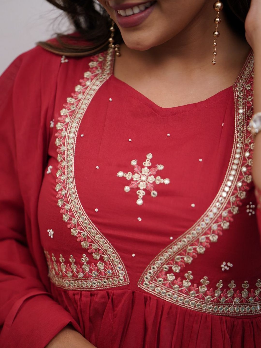 Ruby Red Embroidered Muslin Cotton Anarkali Kurta Set with Chanderi Cotton Dupatta