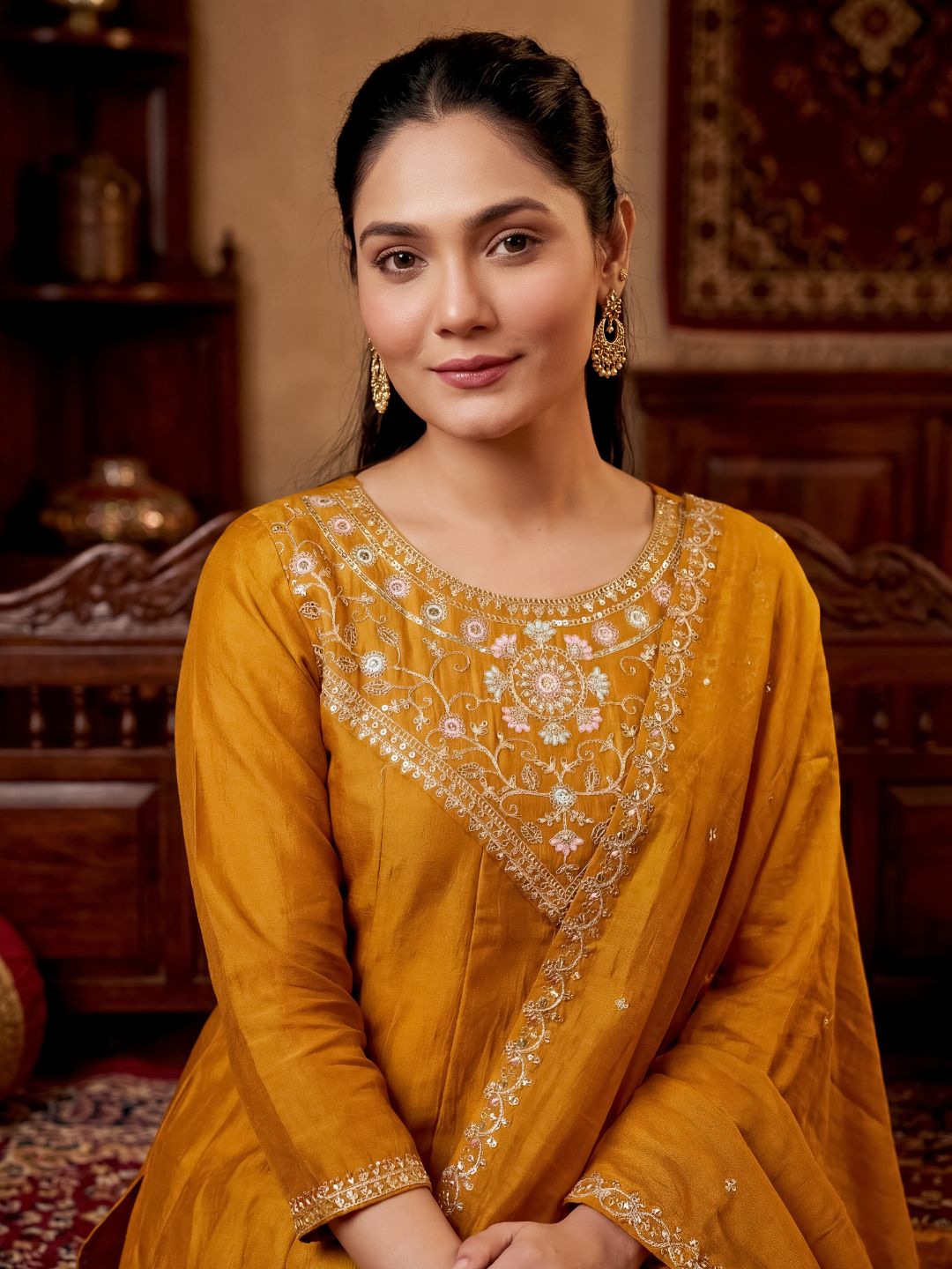 Gold Embroidered Vichitra Silk Anarkali Kurta Set with Dupatta