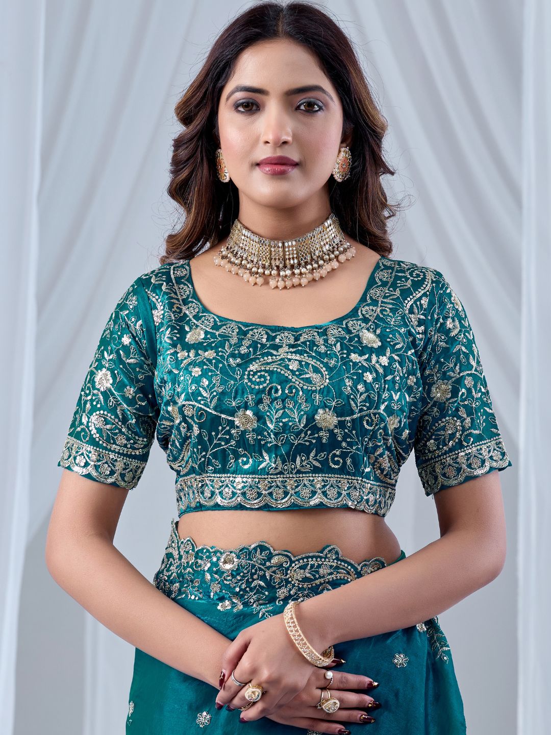 Teal Blue Embroidered Silk Saree with Designer Blouse
