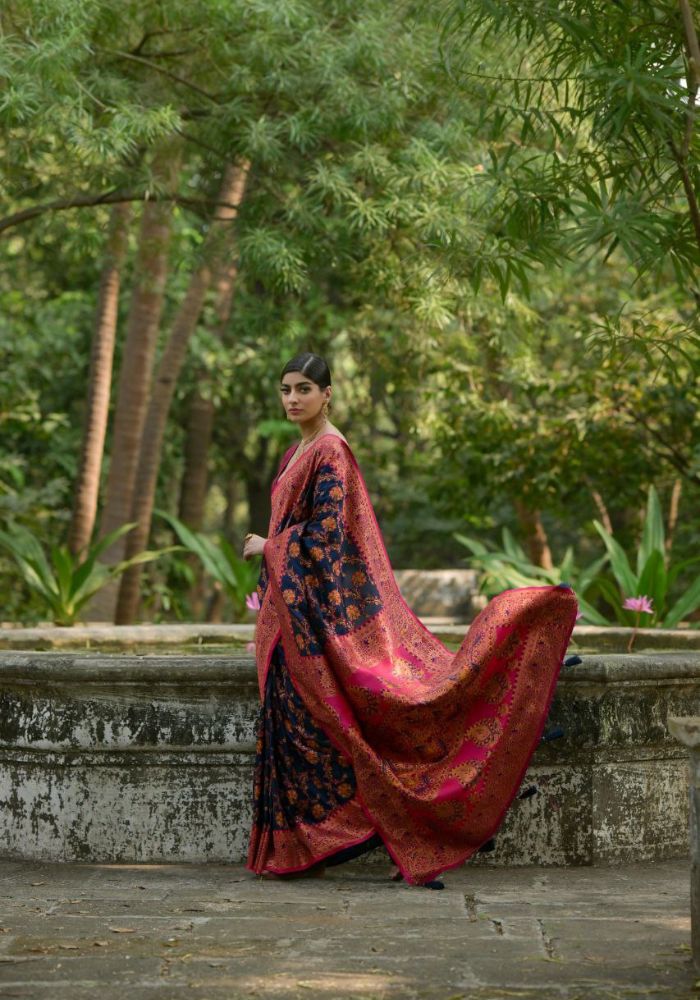 Luxury Woven Pashmina Silk Royal Blue Saree with All-Over Floral Design & Contrast Pallu