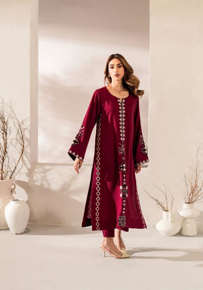 Maroon Embroidered Chanderi Silk Kurta Set with Chinon Dupatta