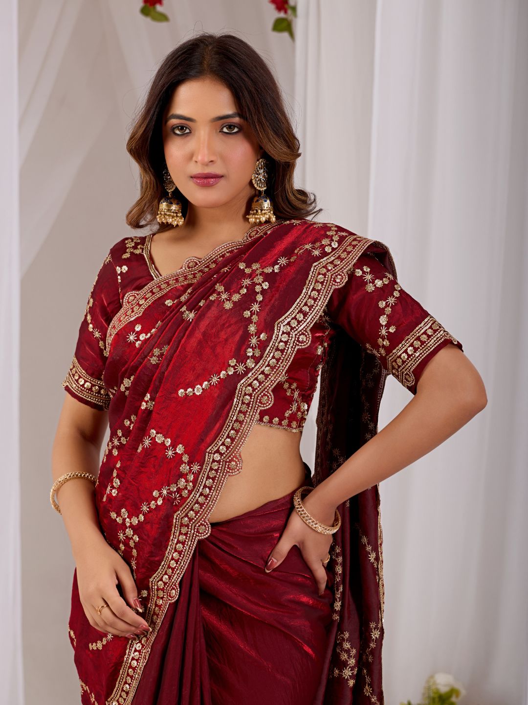 Wine Red Embroidered Silk Saree with Designer Blouse for Wedding & Festive Wear