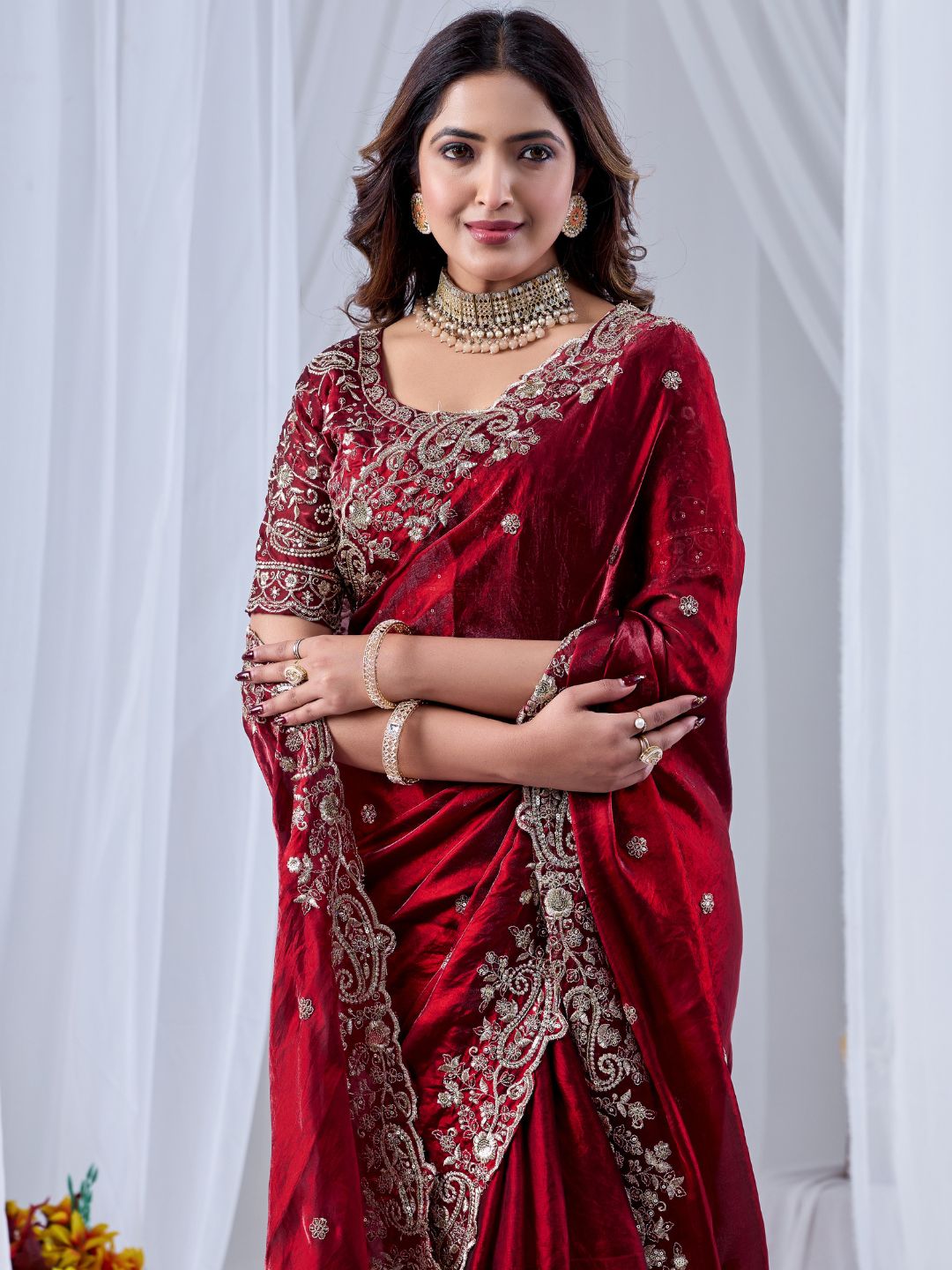 Wine Red Embroidered Silk Saree with Designer Blouse