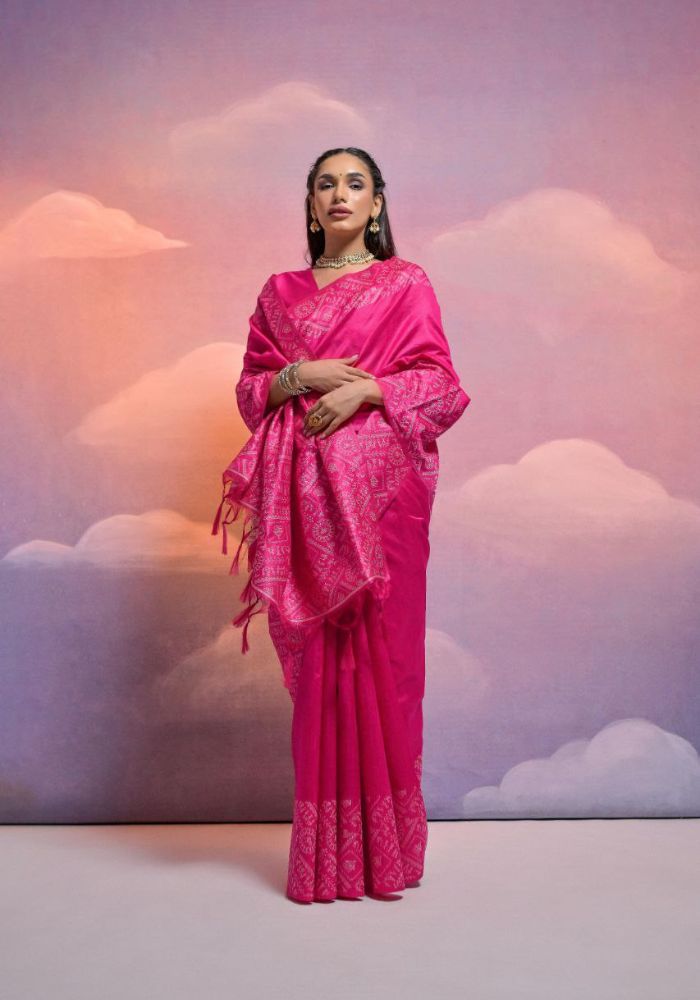 Traditional Hot Pink Silk Saree with Golden Zari Work