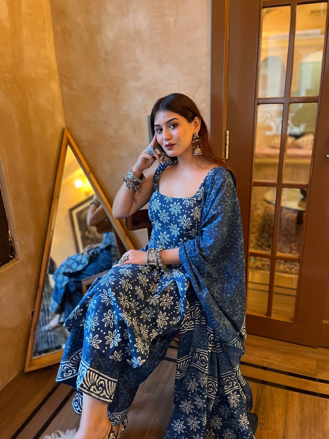 Women Blue Printed Rayon Slub Kurta Palazzo Set with Chanderi Cotton Dupatta