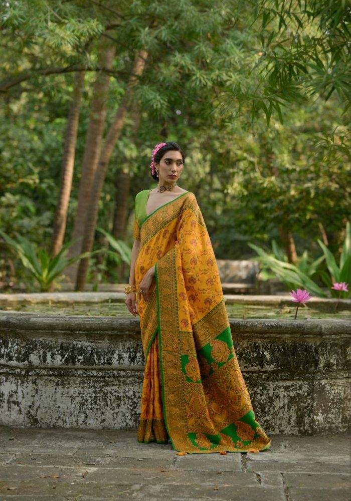 Luxury Woven Pashmina Silk Mustard Saree with All-Over Floral Design & Contrast Pallu