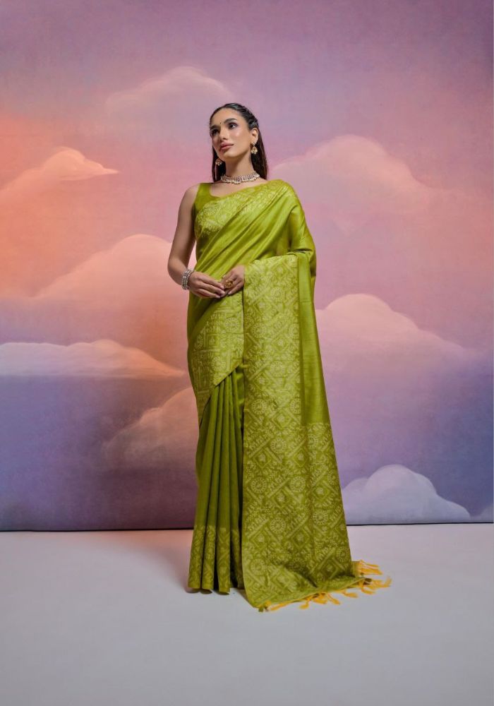 Traditional Olive Green Silk Saree with Golden Zari Work