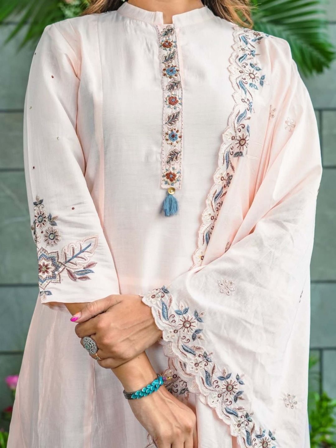 Women Beige Embroidered Muslin Cotton Kurta Pant Set with Embroidered Dupatta