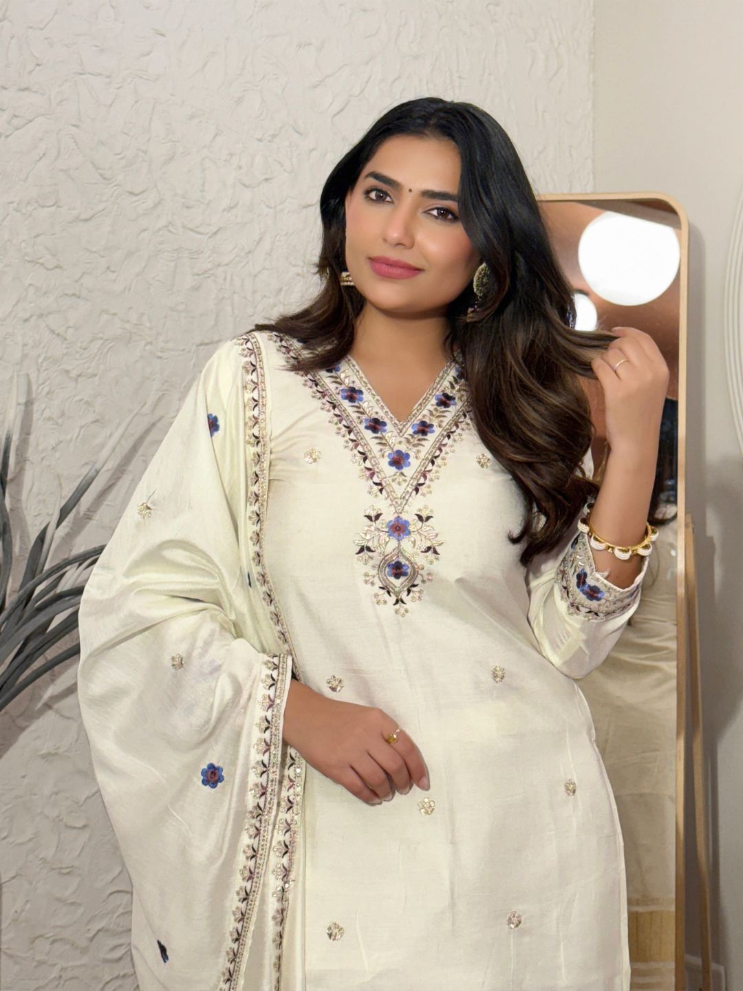 Beige Embroidered Viscose Silk Kurta Set with Chanderi Cotton Dupatta