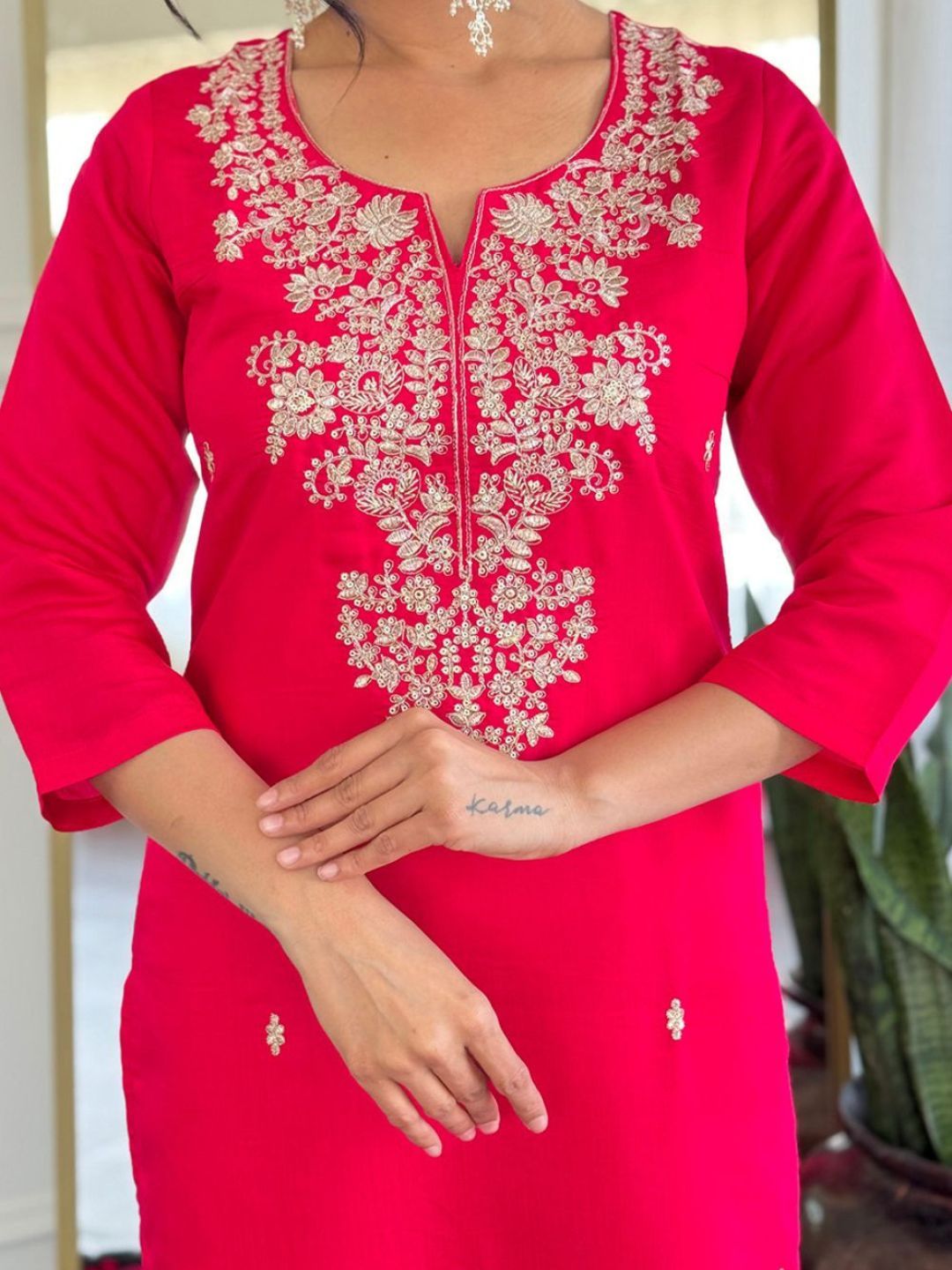 Women Rani Pink Roman Silk Embroidered Kurta Pant Set with Designer Jacquard Dupatta