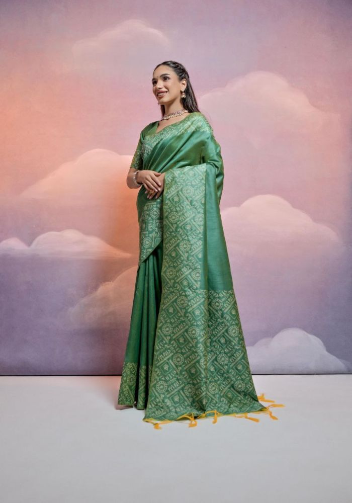 Traditional Leaf Green Silk Saree with Golden Zari Work