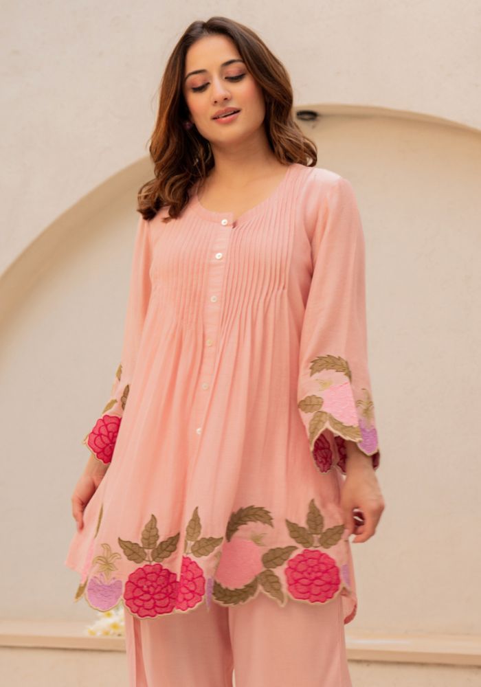 Peach Embroidered Chanderi Silk Co-Ord Set for Women