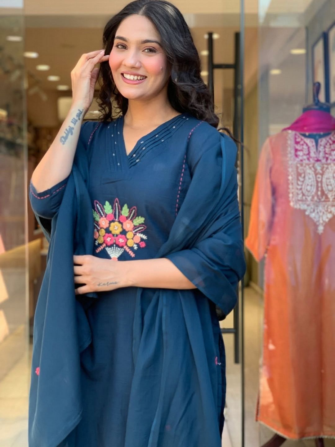 Teal Blue Embroidered Rayon Slub Kurta Set with Chanderi Cotton Dupatta