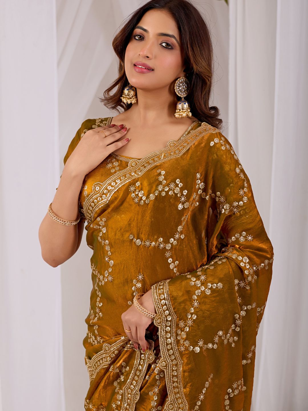Mustard Gold Embroidered Silk Saree with Designer Blouse for Wedding & Festive Wear