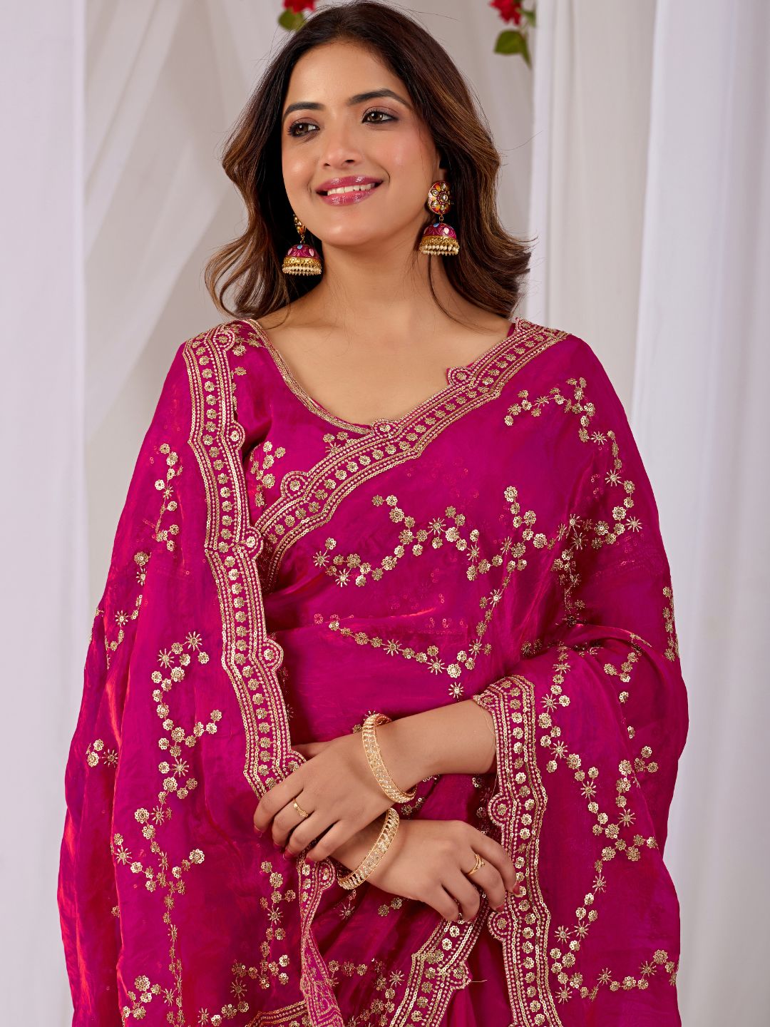 Fuchsia Pink Embroidered Silk Saree with Designer Blouse for Wedding & Festive Wear