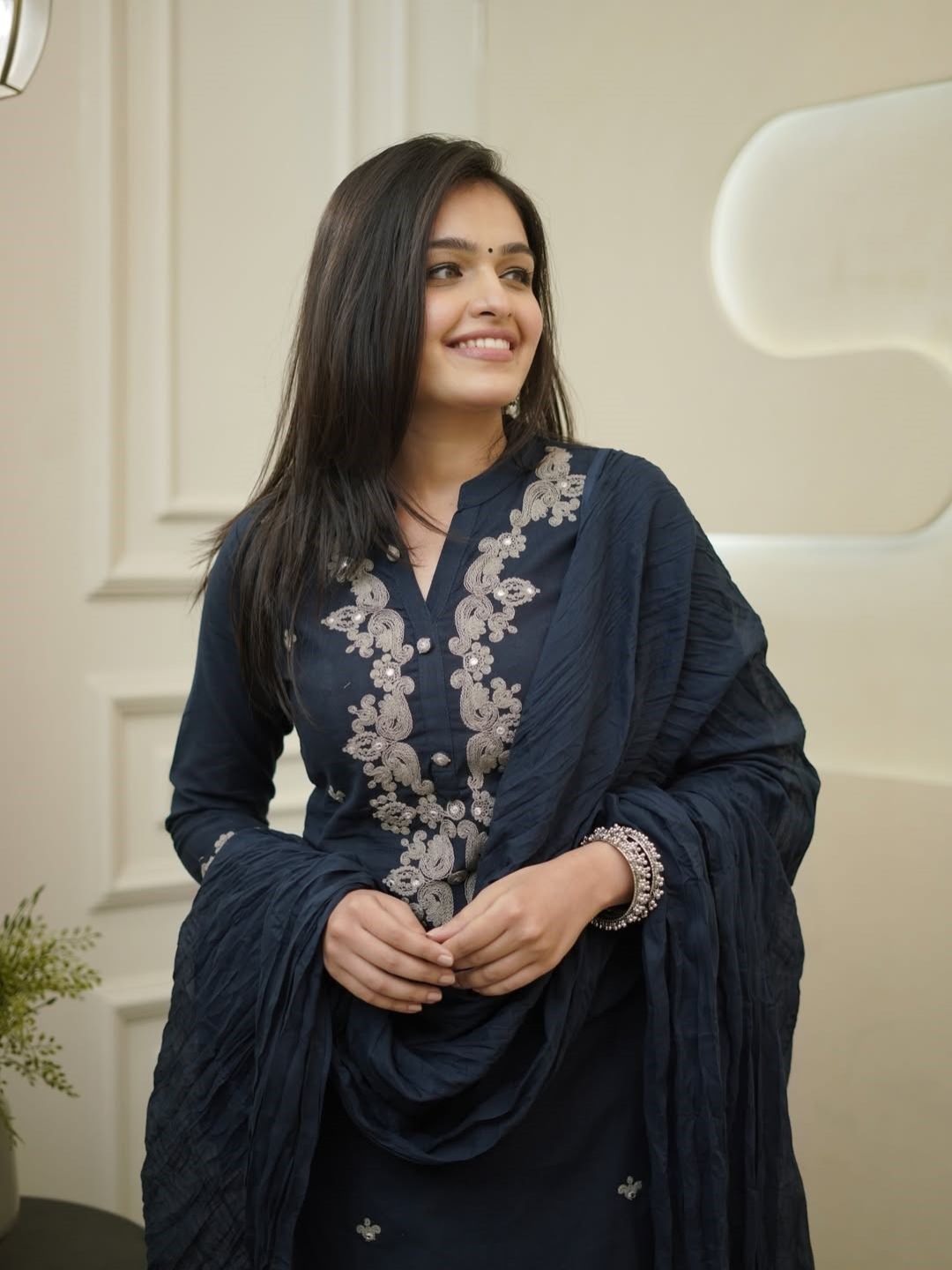Navy Blue Embroidered Rayon Slub Kurta Set with Chanderi Cotton Dupatta