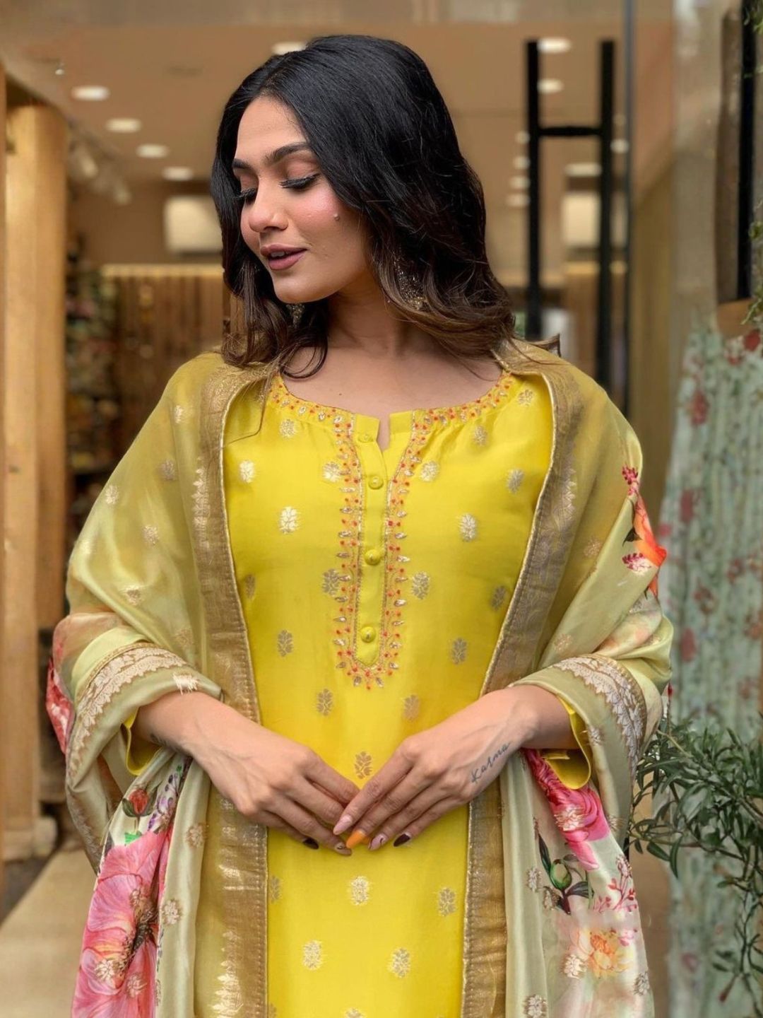Mustard Yellow Viscose Organza Jacquard Kurta Set with Floral Dupatta