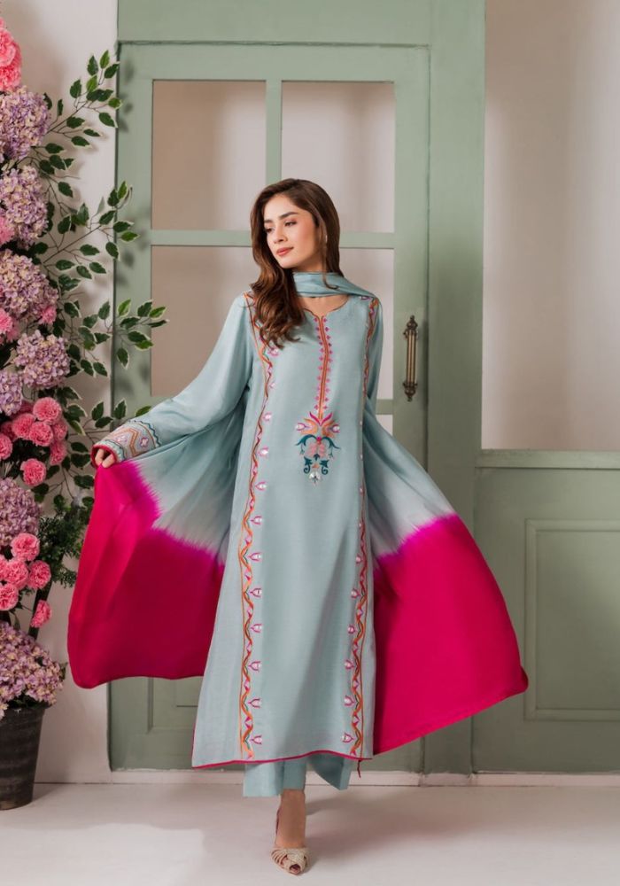 Sky Bloom Embroidered French Crepe Kurta Set with Chinon Double Dye Dupatta