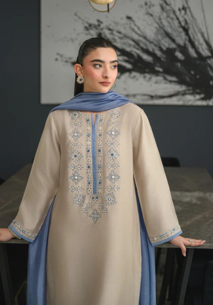 Beige Embroidered Chanderi Silk Kurta Set with Chinon Dupatta