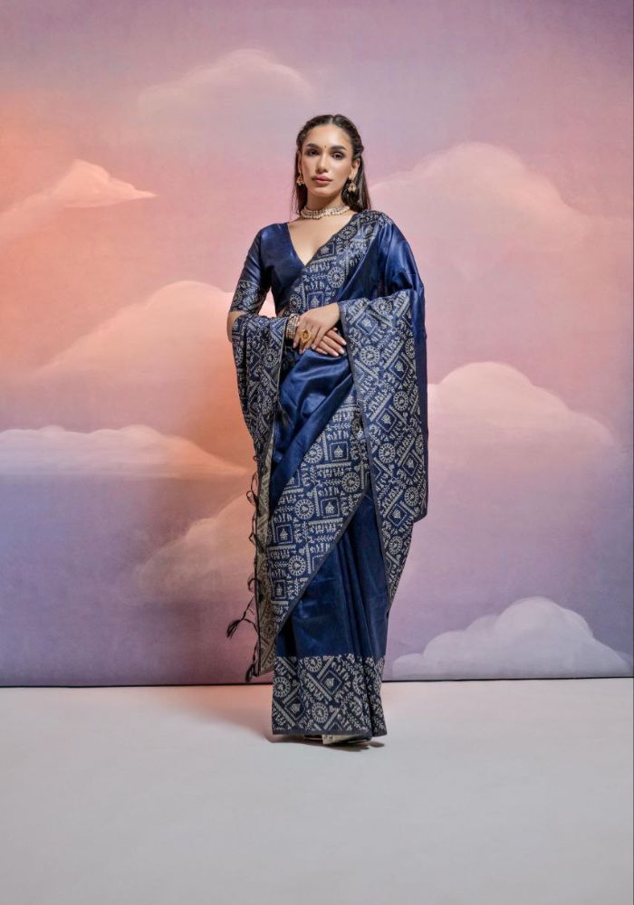 Traditional Ruyal Blue Silk Saree with Golden Zari Work