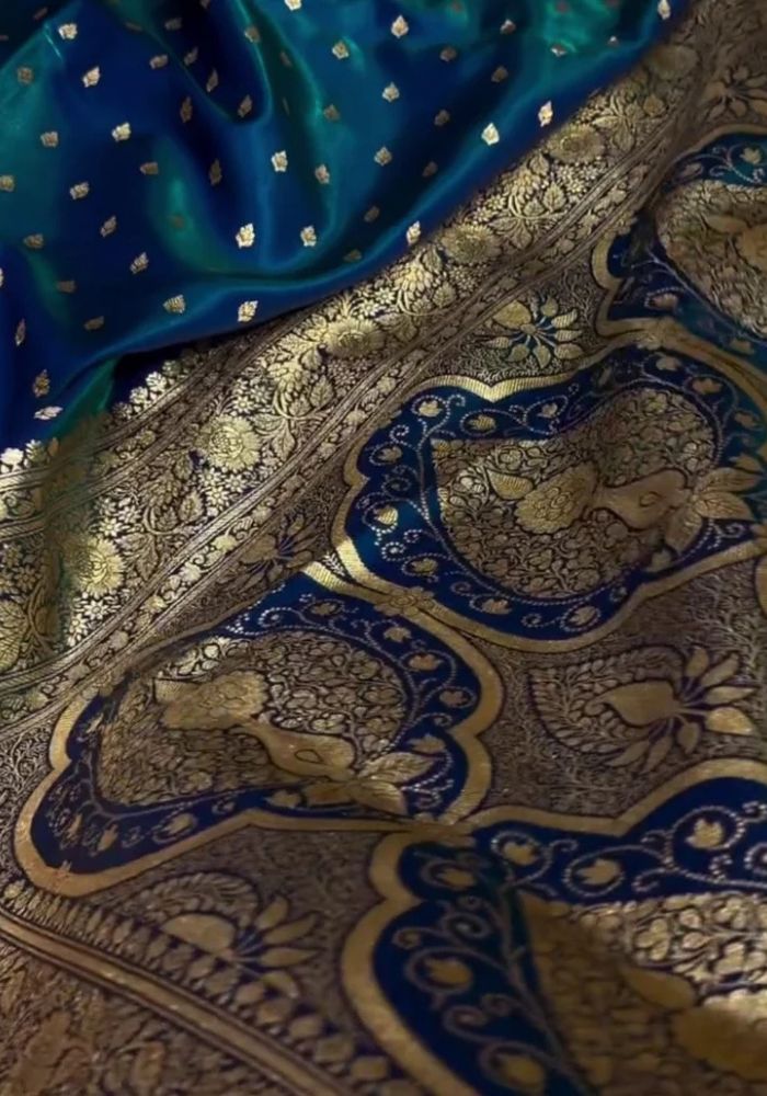 Teal Blue Banarasi Satin Saree for Wedding