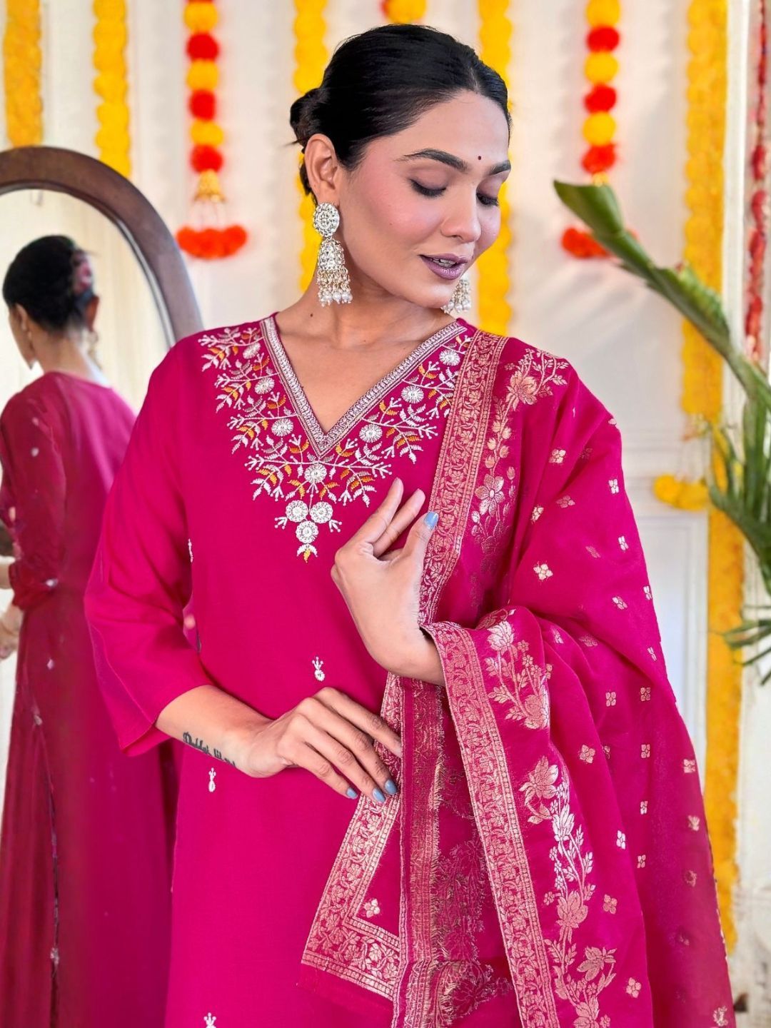 Women Fuchsia Pink Viscose Chanderi Embroidered Kurta Pant Set with Woven Dupatta