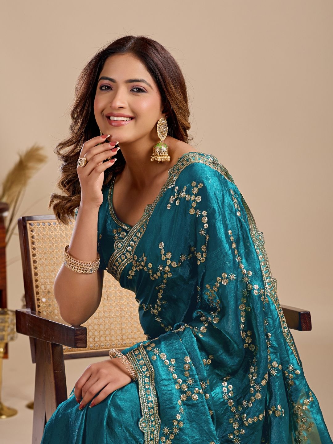 Teal Blue Embroidered Silk Saree with Designer Blouse