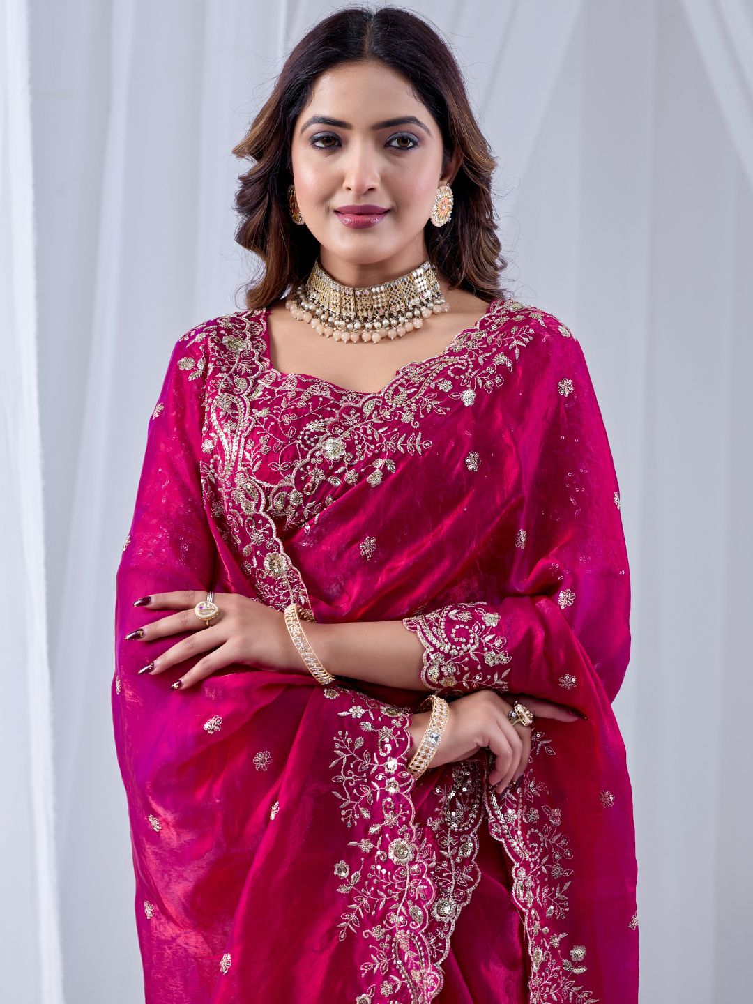 Fuchsia Pink Embroidered Silk Saree with Designer Blouse