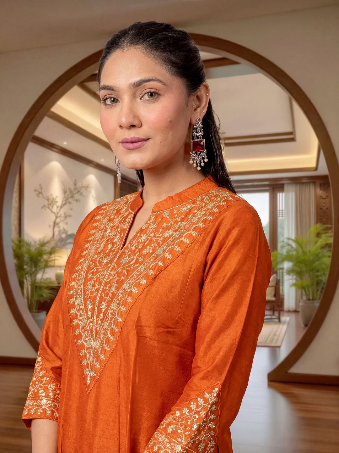Rust Orange Embroidered CP Vichitra Silk Co-Ord Set with Dupatta