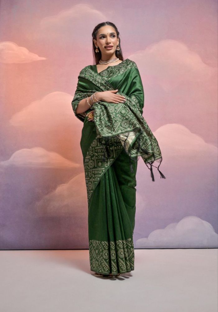 Traditional Forest Green Silk Saree with Golden Zari Work