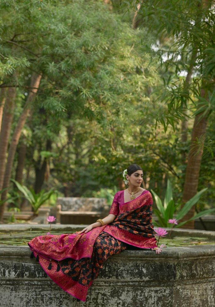 Luxury Woven Pashmina Silk Black Saree with All-Over Floral Design & Contrast Pallu
