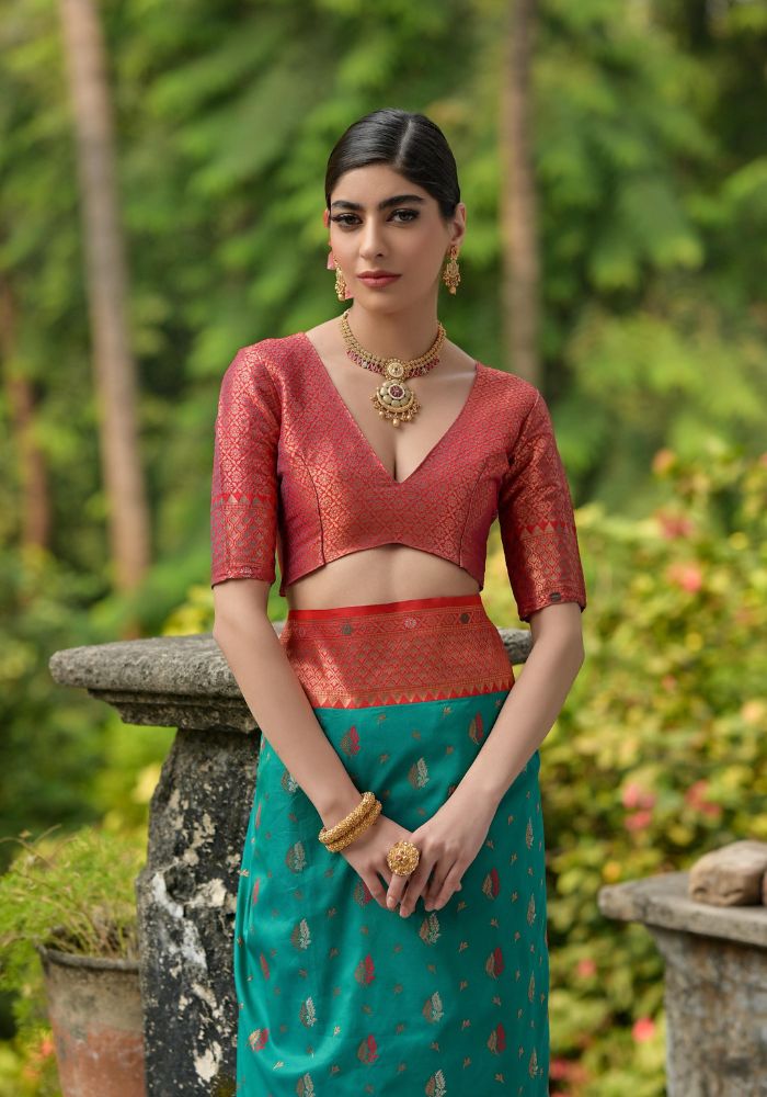 Traditional Banarasi Silk Saree in Teal Green with Floral Weaving