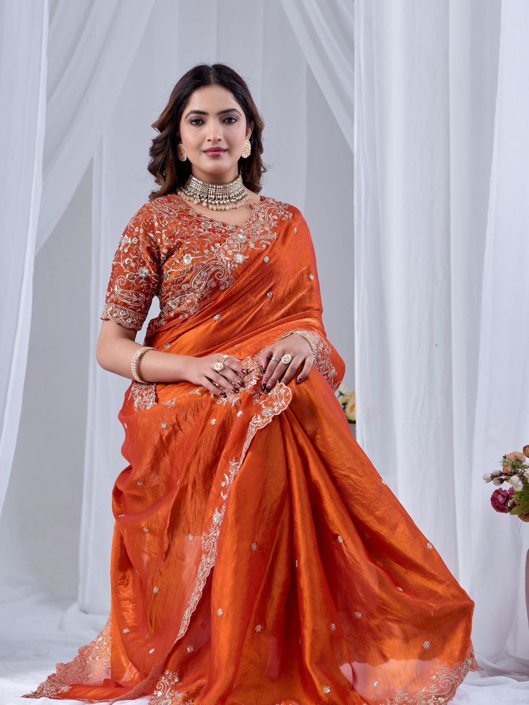 Rust Orange Embroidered Silk Saree with Designer Blouse