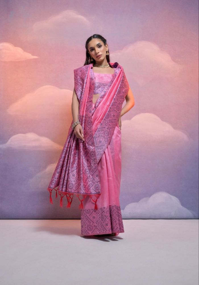 Traditional Rose Pink Silk Saree with Golden Zari Work