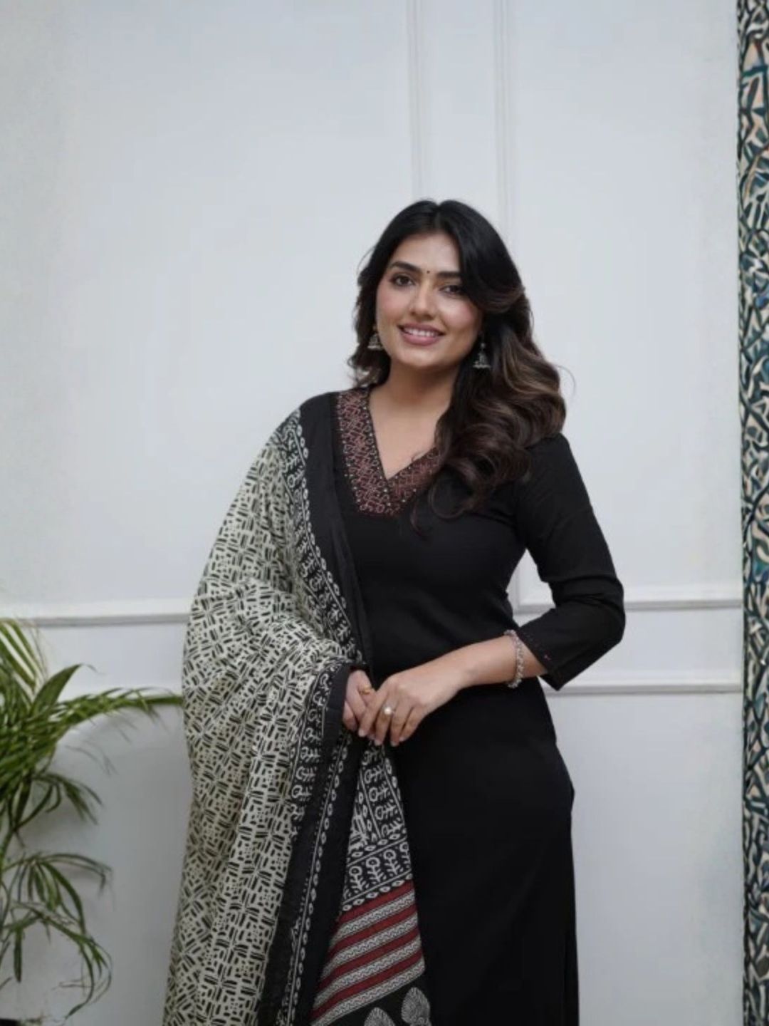Women Black Embroidered Kurta Palazzo Set with Digital Print Chanderi Dupatta