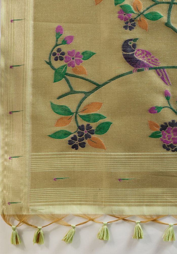 Pista Green Muga Cotton Paithani Saree