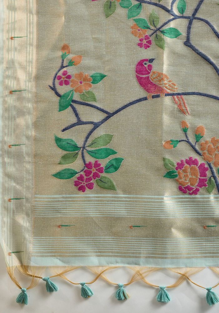 Mint Green Muga Cotton Paithani Saree