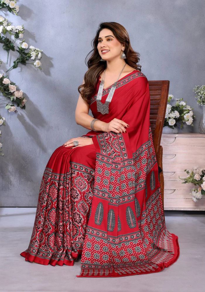 Elegant Red Banarasi Satin Silk Saree with Golden Zari Woven Border