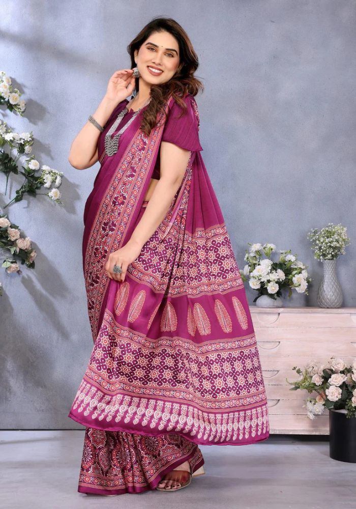 Elegant Wine Banarasi Satin Silk Saree with Golden Zari Woven Border