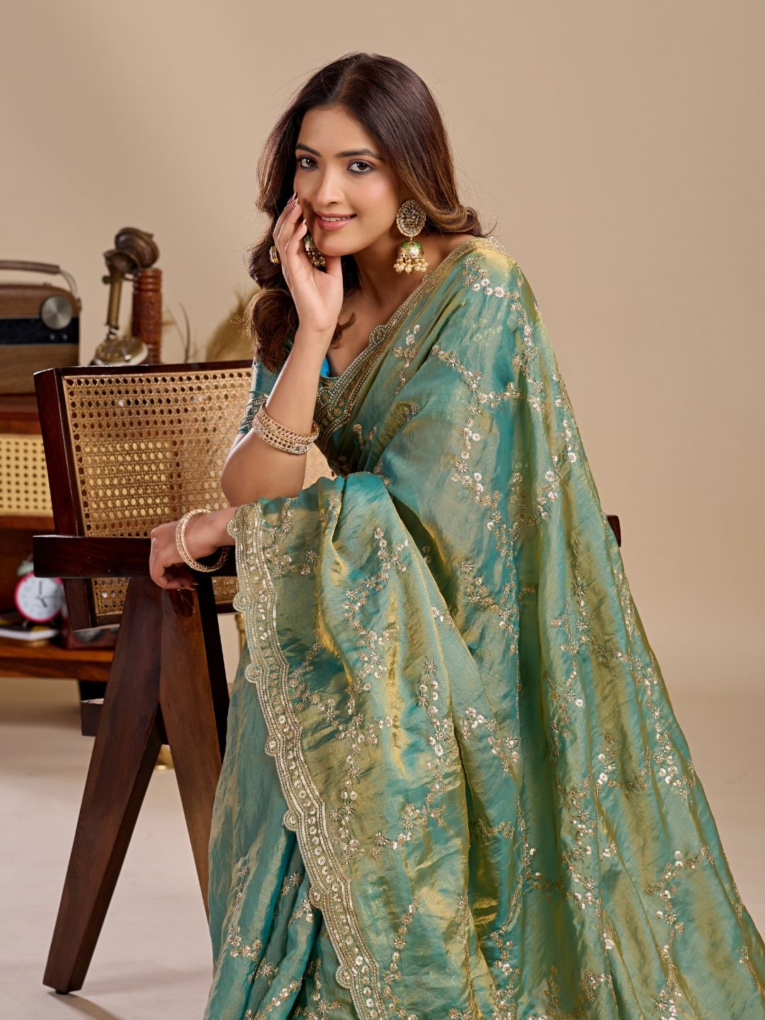 Sea Green Embroidered Silk Saree with Designer Blouse for Wedding & Festive Wear
