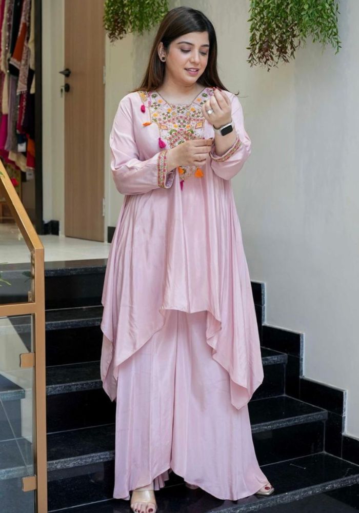 Pink Embroidered French Crepe Kurta Palazzo Set for Women