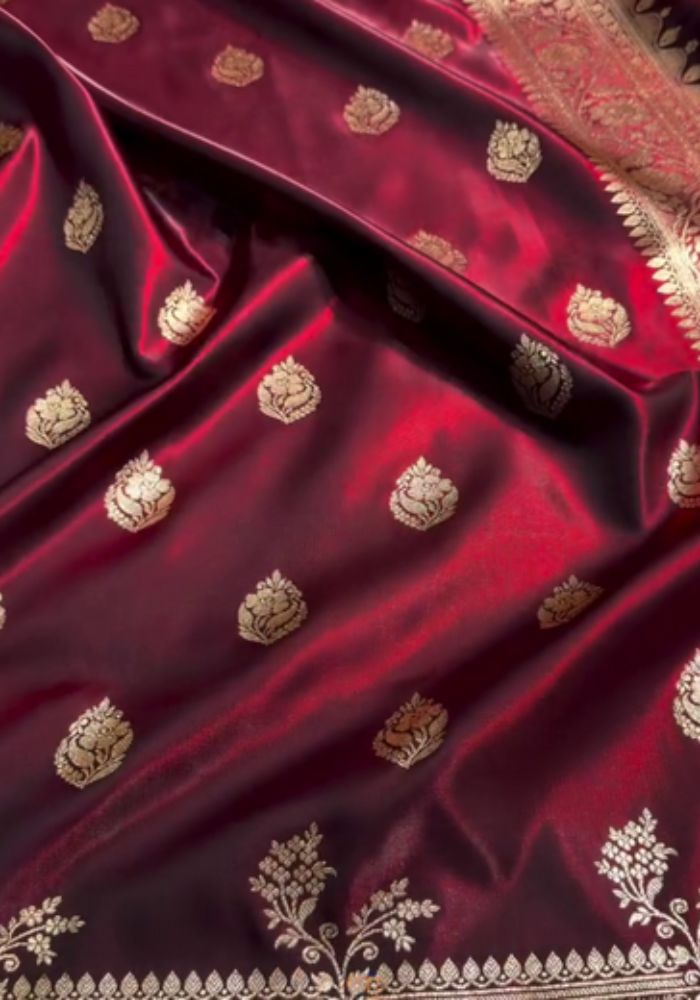 Kumkum - Maroon Banarasi Soft Silk Saree with Golden Zari Weaving