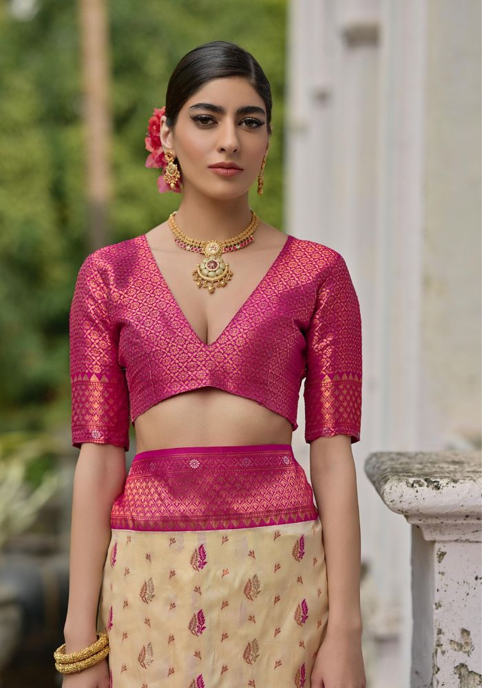 Traditional Banarasi Silk Saree in Beige with Floral Weaving
