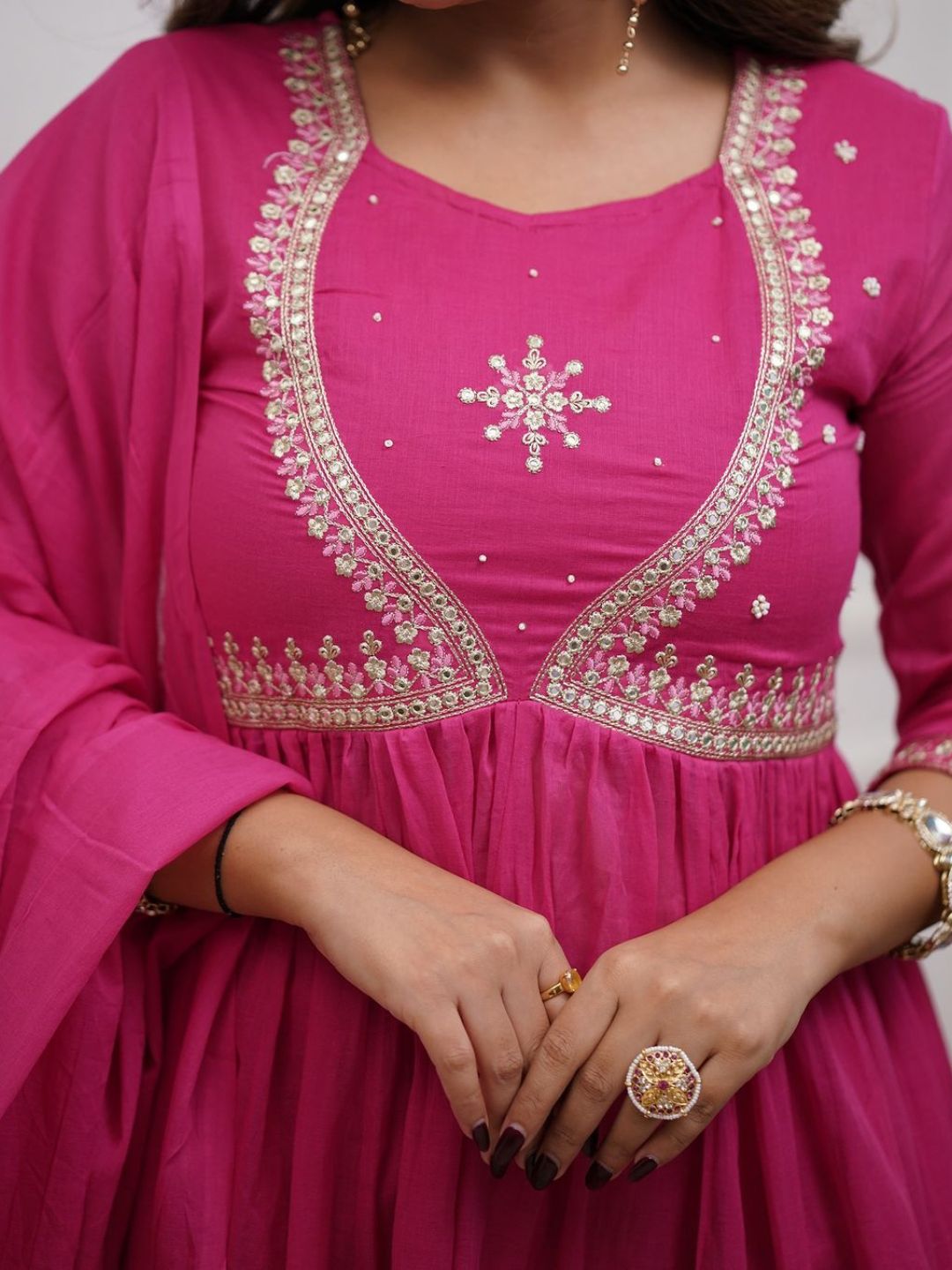 Rani Pink Embroidered Muslin Cotton Anarkali Kurta Set with Chanderi Cotton Dupatta