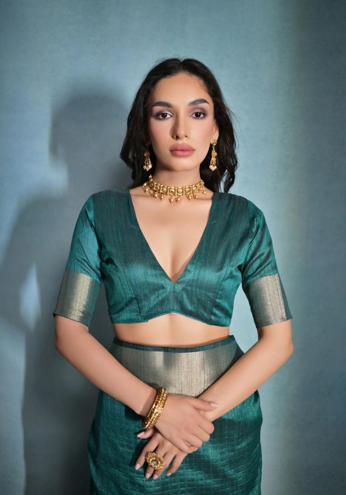 Timeless Teal Blue Silk Saree with Rich Golden Accents