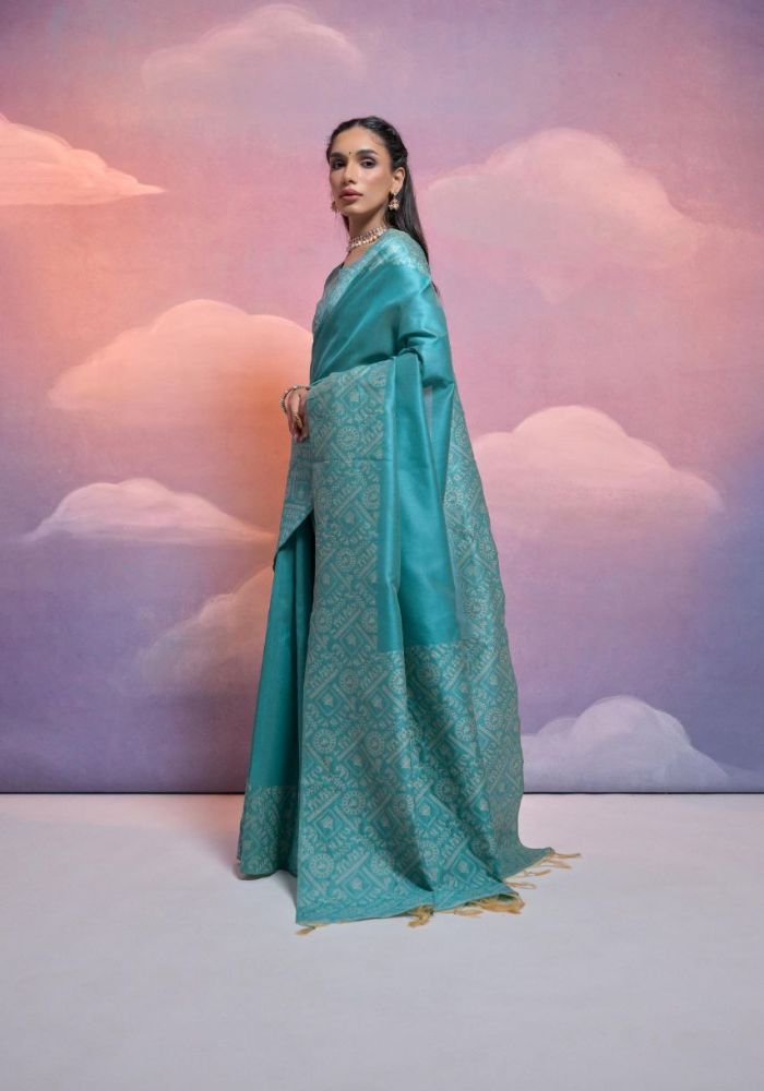 Traditional Sky Silk Saree with Golden Zari Work