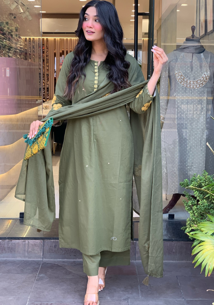 Olive Green Embroidered Chanderi Silk Kurta Set with Dupatta for Women